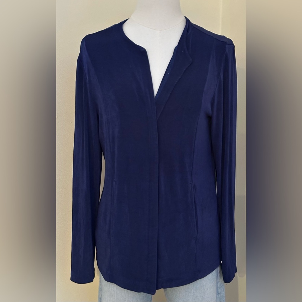 CHICO’S Indigo Blue Rayon No Button Open Cardigan With Pockets Sz 1.